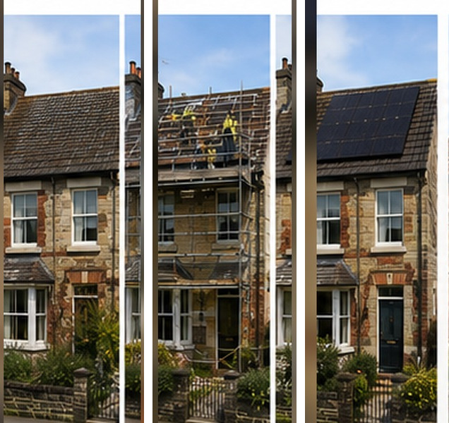 Illustrative example of a solar installation on a Reading home, before, during and after